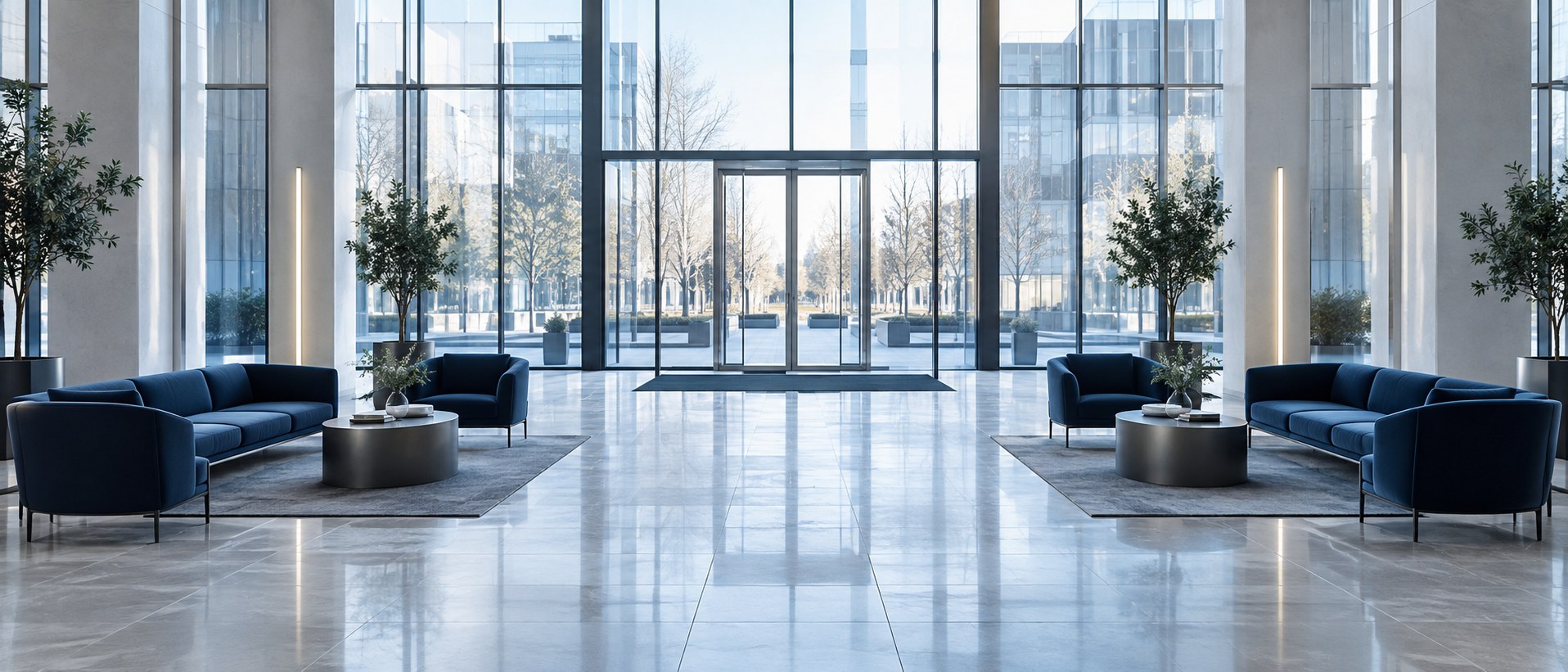 Hall d'accueil vitré d'un immeuble de bureaux, banquettes bleu nuit et sol en pierre claire