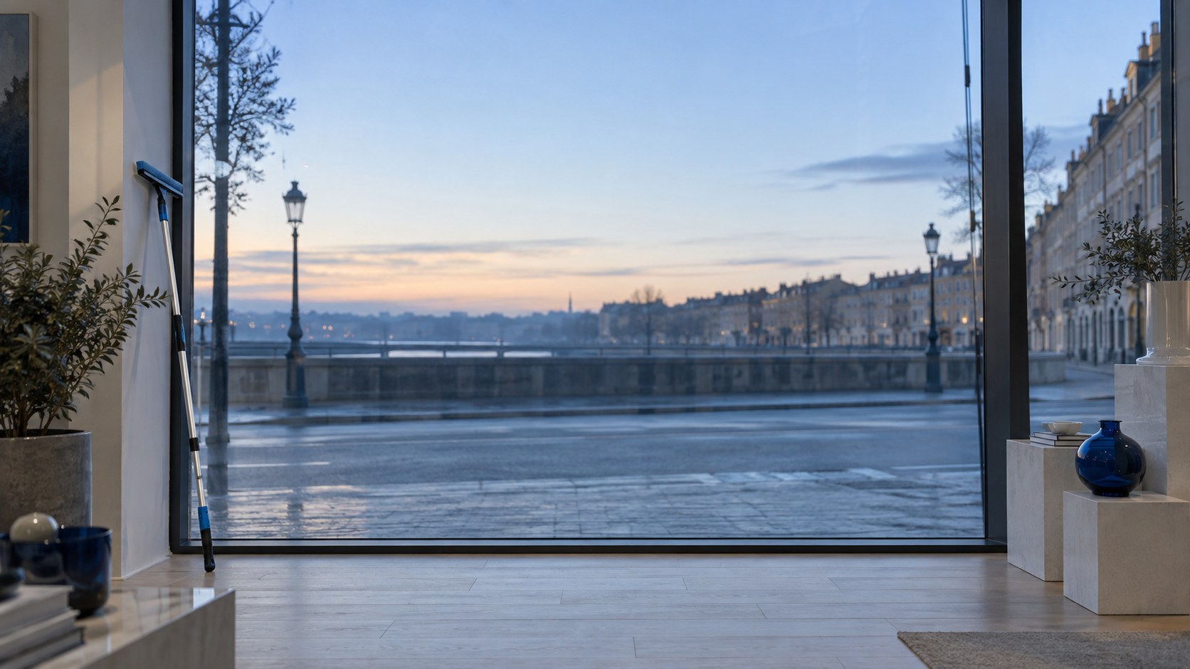 Vitrine d'une boutique lyonnaise vue de l'intérieur à l'aube, perche à eau pure appuyée contre le montant