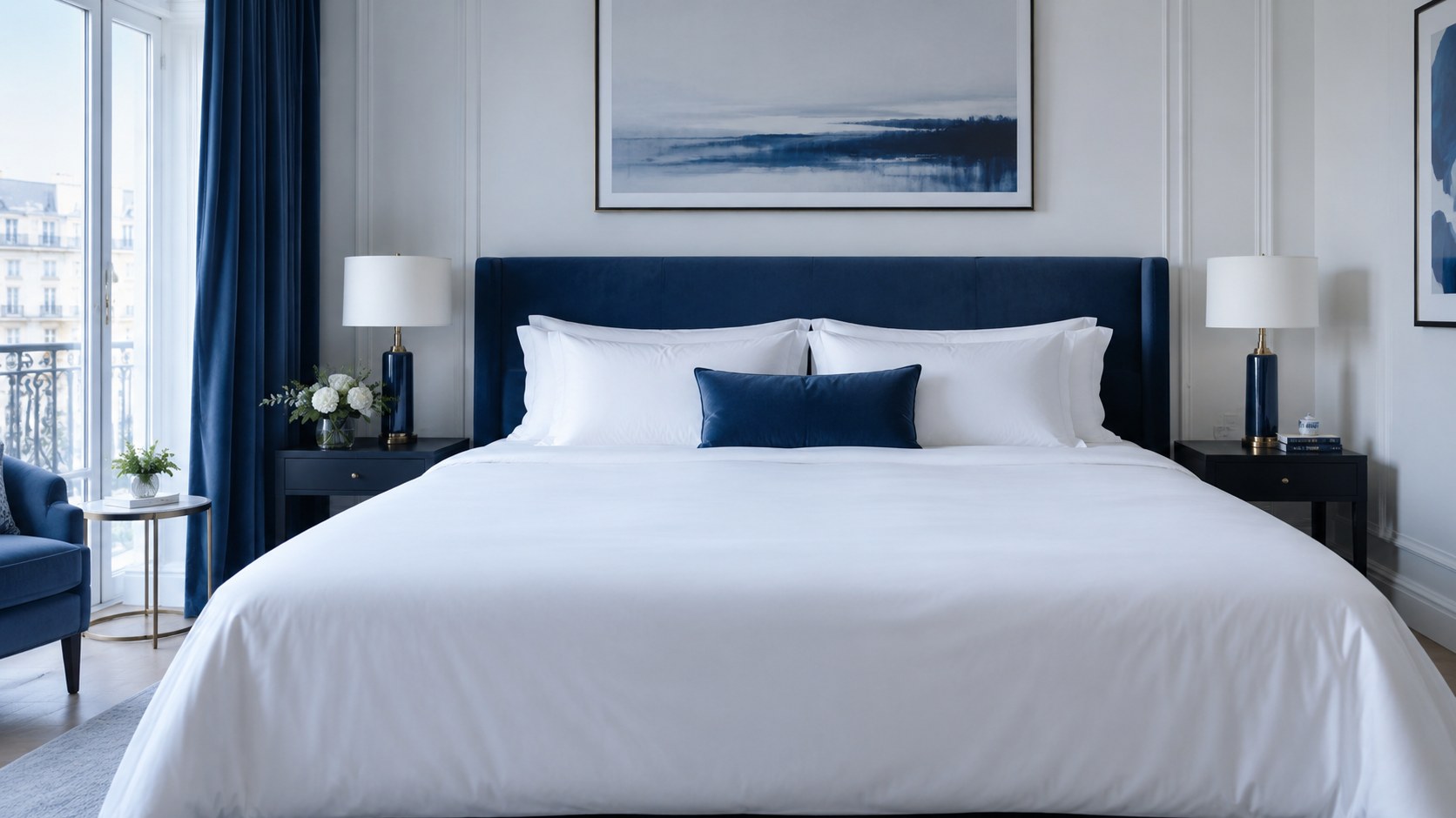 Chambre d'hôtel, lit fait au carré, tête de lit et rideaux bleu nuit
