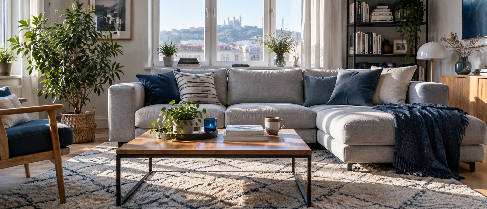 Salon d'appartement lyonnais, canapé en tissu et tapis devant une fenêtre ouverte sur Fourvière