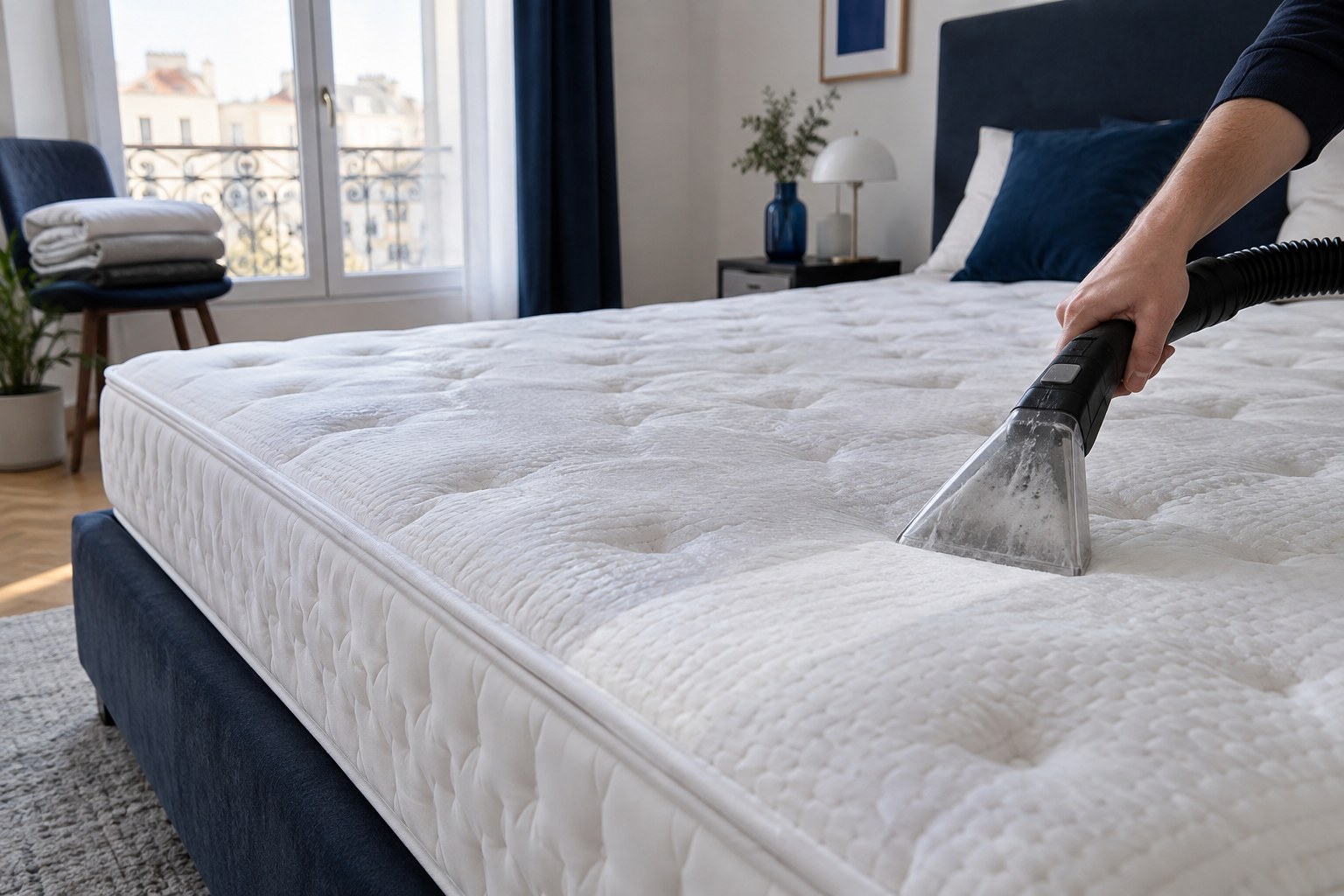 Buse d'extraction passant sur un matelas nu dans une chambre claire