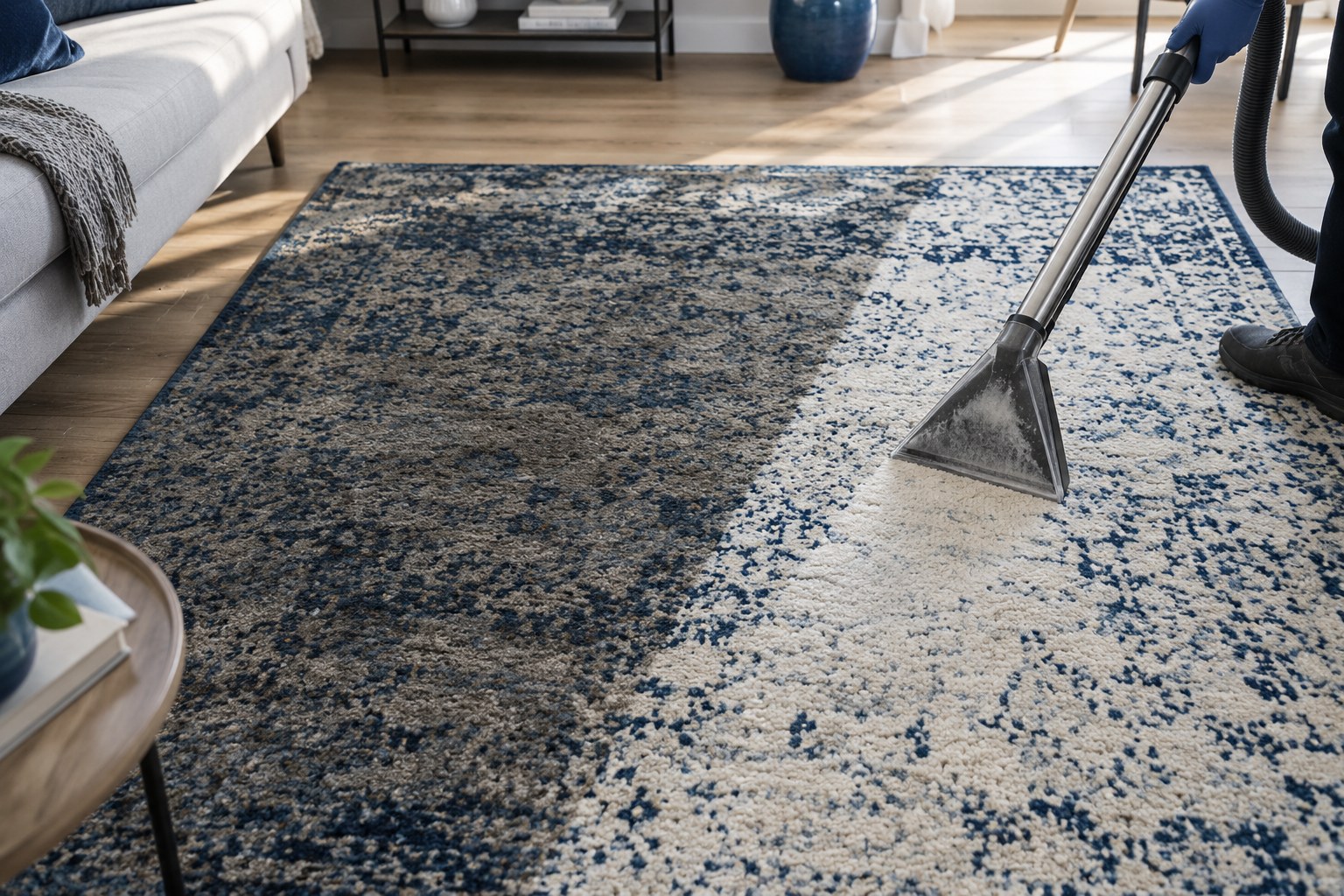 Machine d'extraction sur un tapis bleu et écru, la moitié nettoyée plus vive que l'autre